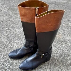Vince Camuto Women's Boots Sz 8.5 M Pryna Riding Black & Russet Leather Logo Zip